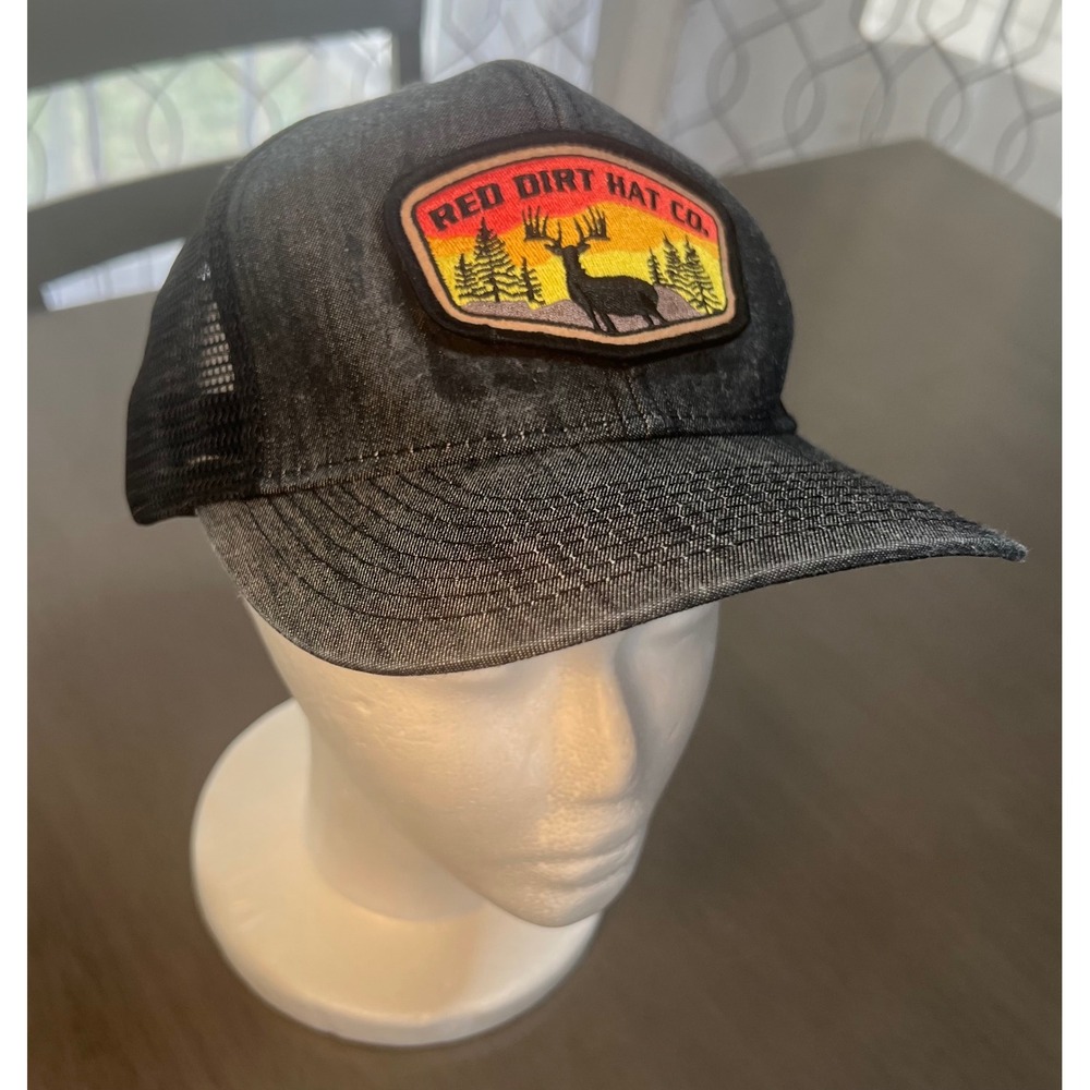 Red Dirt Hat Co Mens Black Denim Mesh Back Trucker Snapback Buck Sunset Patch